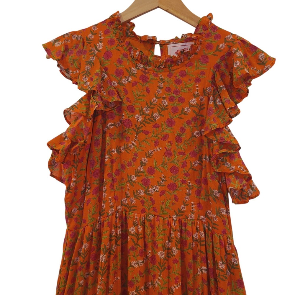 Banjanan Orange Medium Floral Boho Ruffle Tiered‎ Pockets Sleeveless Maxi Dress - Picture 2 of 7